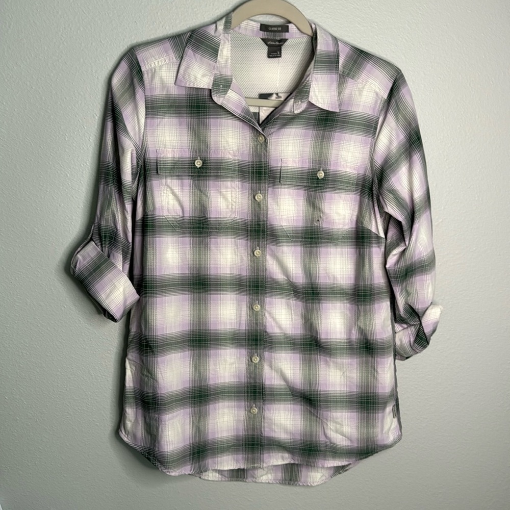 NWT Eddie Bauer Adventurer 3.0 Long Sleeve Shirt Small Purple & Green Plaid